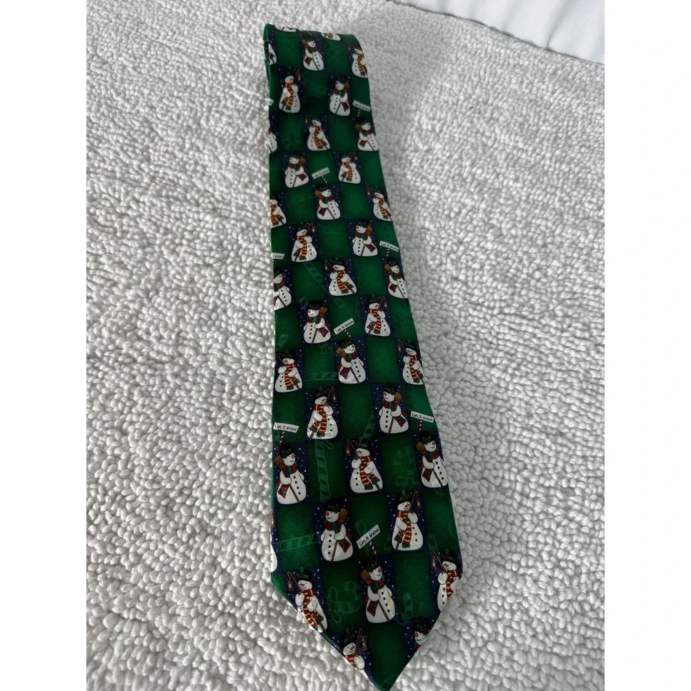 Hallmark Yule Tie Greetings Snowman Pattern Green Silk Men's‎ Necktie